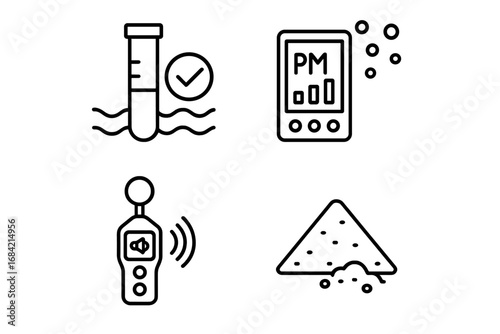 Environmental monitoring outline icon set. Water quality test, air pollution dust monitor, noise level meter and soil pollution tailings pile. Vector linear pictogram.
