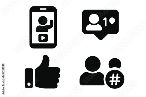 Influencer marketing solid glyph icon set. Social media engagement symbols. Follower notification, thumbs up like button, vlogger on smartphone, and hashtag community icons.