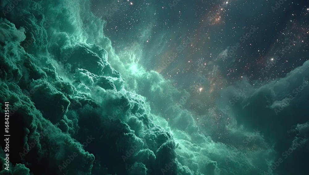 Fototapeta premium Cosmic emerald clouds against a starry night