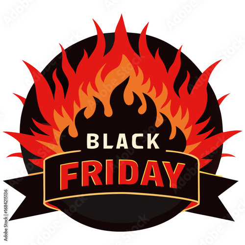 Black Friday Hot Sale Badge with Flames and Bold Text on White Background.