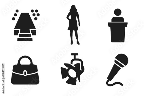 Fashion show glyph icon set. Vector symbols for runway event, catwalk model, podium speaker, handbag, spotlight, microphone. Solid silhouette style for fashion week design.