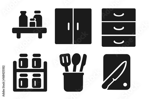 Kitchen solid icon set for organization and storage. Vector glyph collection with cabinet, drawer, shelf, spice rack, utensil holder and cutting board. Home cooking concept.