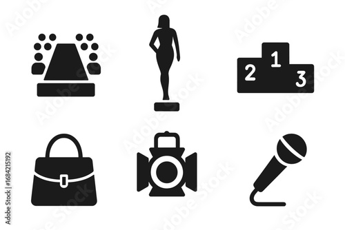 Fashion show vector icon set. Runway model, award ceremony, winner podium, and microphone icons. Glamour, celebrity, and entertainment solid glyph symbols collection.