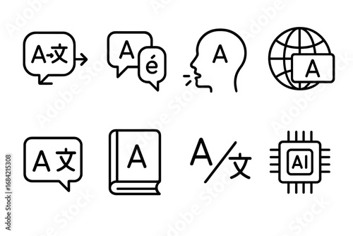 Language translation icon set. Vector line icons for bilingualism, multilingual communication, dictionary, and AI machine translation. Global language learning & processing concept.