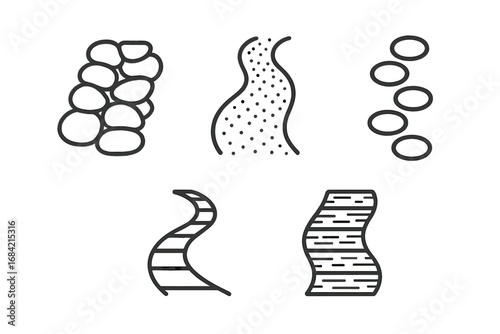 Garden path icon set. Linear icons of various pathways: stone paver, gravel path, stepping stones, wooden walkway. Landscaping elements for park and outdoor design concepts.