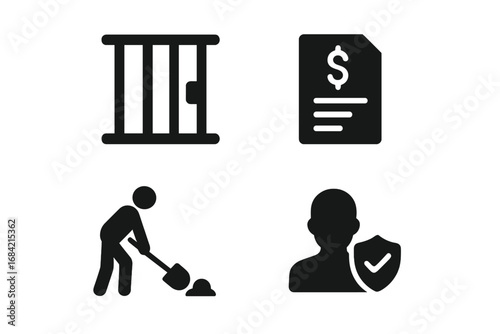 Legal consequences solid glyph icon set. Prison bars, jail, fine document, community service, and probation vector symbols. Law, justice, crime, and punishment concept illustration.