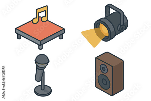 Live performance isometric icon set. Music concert elements with stage, spotlight, microphone, and speaker. Vector flat cartoon illustration for web, app, and graphic design.