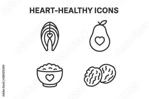 Heart-healthy food outline icon set. Linear vector symbols of good nutrition: salmon, avocado, oatmeal, walnut. For concepts like healthy fats, diet, wellness, and cardiology.