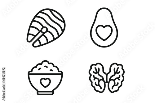 Heart-healthy food icon set. Outline vector icons of salmon, avocado, oatmeal, and walnuts. Concepts of nutrition, healthy diet, wellness, good fats, and omega-3.