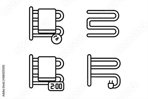 Heated towel bar outline icon set. Vector linear symbols of bathroom towel warmer features like a radiator, thermostat knob, heating element, digital timer, and power cord.