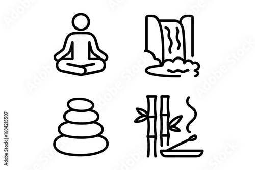 Meditation and relaxation line icon set. Yoga lotus pose, zen stones, waterfall, and incense. Spa, wellness, and harmony symbols. Simple outline vector illustration for peace.