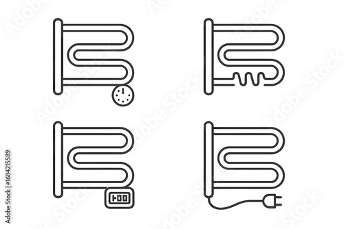 Heated towel rail vector icon set. Bathroom towel warmer outline icons with timer, thermostat, heating element, and power cord. Electric radiator line illustration for home.
