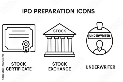 IPO preparation outline icon set. Initial public offering process symbols. Business and finance concept. Vector illustration of a stock certificate, stock exchange, and underwriter.