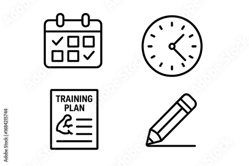 Training Plan Icons. Workout Schedule. Fitness Program. Exercise Planner. Health Goal Setting. Time Management. Sport Organizer. Calendar, Clock, Checklist. Bodybuilding.