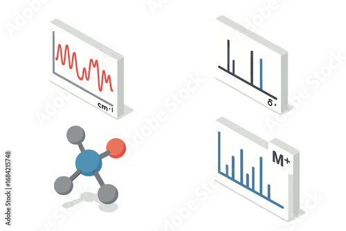 Isometric icon set for molecular analysis. Spectroscopic data visualization: infrared, NMR, and mass spectrum graphs. Chemistry science research and education vector illustration.