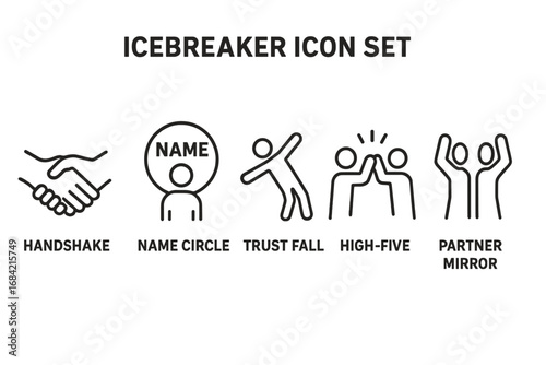 Icebreaker activities outline icon set. Vector icons for team building, workshop introductions, and corporate meetings. Includes handshake, name game, trust fall, and high-five.