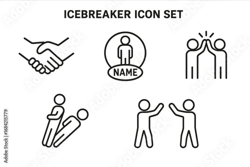 Icebreaker activities icon set. Team building exercise symbols including handshake, name tag, trust fall, and high five for corporate workshops, communication, and business meetings.