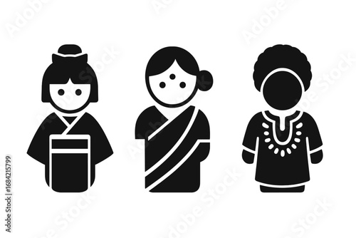 Traditional dolls icon set. Japanese kokeshi, Indian and African women in national costumes. Multicultural people avatars. Vector pictograms for cultural diversity concept.