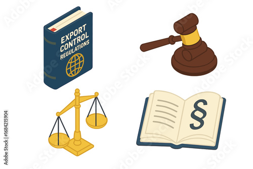 Legal compliance vector icon set. Isometric illustration of export control regulations, law book, judge's gavel, and scales of justice. For law, policy, and trade.