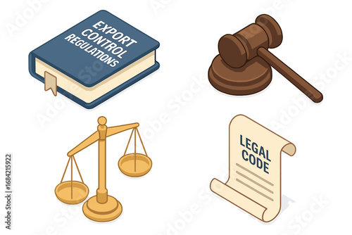 Legal compliance isometric icon set. Export control regulations concept with law book, judge gavel, scales of justice, and legal code. Law and order vector symbols.