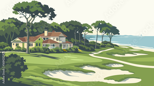 Coastal House on Golf Course Ocean View Green Landscape Illustration.