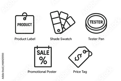 Marketing and retail outline icon set. Collection of essential commerce graphics: product label, price tag, sale sign, color swatch, makeup tester. Vector line art symbols.