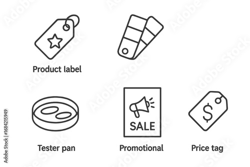 Marketing and retail line icon set. Vector symbols for advertising, promotion, commerce, and shopping. Includes product label, price tag, sale poster, color swatch, and sample.