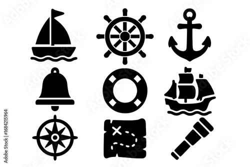 Nautical marine solid icon set. Sea navigation, adventure and pirate symbols collection. Vector glyphs of ship, anchor, helm, compass, map for sailor and travel concepts.