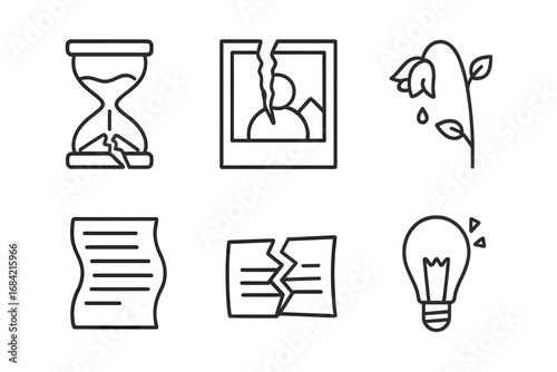 Regret and reflection icon set. Metaphor for sadness, grief, loss, failure, disappointment. Broken hourglass, torn photo, wilted rose. Heartbreak, breakup, bad news vector.