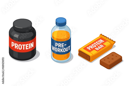 Isometric nutrition icon set with protein powder jar, pre-workout energy drink, and protein bar. Vector cartoon illustration of sport supplements for fitness, gym, and bodybuilding.