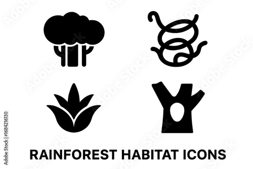 Rainforest habitat solid icon set. Jungle nature environment pictograms. Vector glyph collection of dense canopy tree, tangled vine, bromeliad plant, and hollow log shelter.