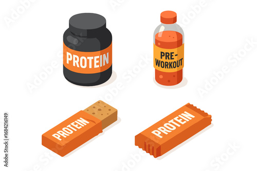 Sport nutrition supplements isometric icon set. Protein powder jar, pre-workout energy drink and protein bar. Bodybuilding and fitness concept vector illustration collection.