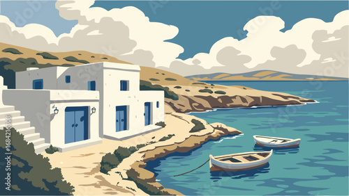 Coastal House with Boats and Sea View Summer Vacation Illustration Mediterranean Style Artwork.