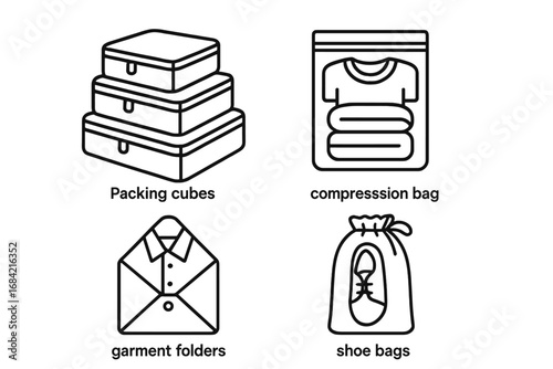 Outline icons of packing tools and travel organization essentials including packing cubes, compression bags, garment folders, shoe bags, vector cartoon illustration set