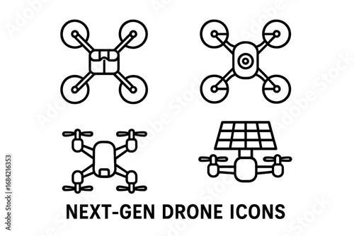 Drone icon set. Next-gen UAV technology. Outline vector symbols for delivery, surveillance quadcopter camera, foldable drone, solar power. Aerial vehicle pictograms.