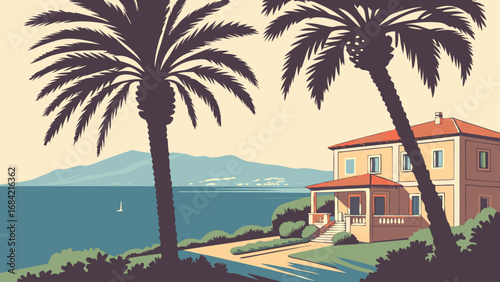 Coastal House with Palm Trees and Ocean View Summer Vacation Illustration.