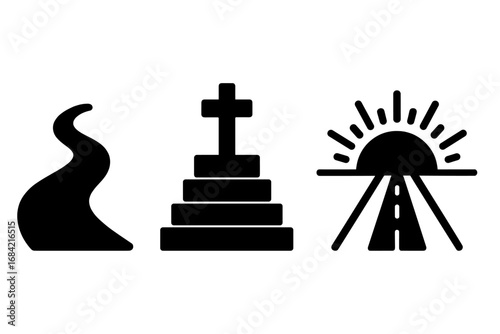 Pathways to Belief Icons Set, Solid Filled Vector Illustrations of Spiritual Journey, Footpath Forward, Steps to Altar, Rising Sun Over Road, Faith and Religion Concepts