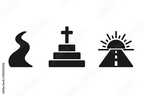 Pathways to Belief Icons Solid Filled Vector Set with Footpath, Steps to Altar Cross, Rising Sun Over Road, Spiritual Journey, Faith and Hope Symbols, Conceptual Metaphors