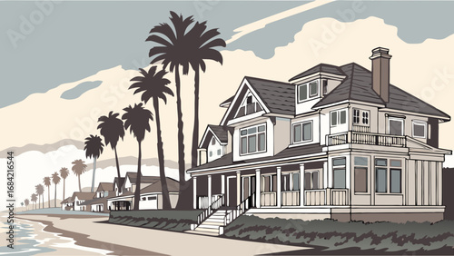 Coastal House Beachfront Property Ocean View Palm Trees Summer Vacation Home Seaside Residence Tropical Landscape Architectural Illustration Real Estate Illustration Home Exterior House Design Waterf.