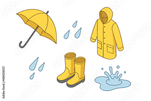 Rainy day essentials icon set. Isometric vector illustration of autumn weather gear. Yellow raincoat, umbrella, and rain boots. Puddle splash and raindrops concept.