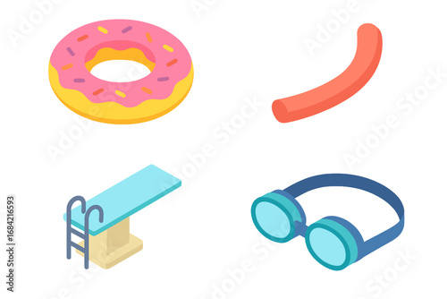 Isometric Flat Vector Pool Party Icons Set with Inflatable Donut Float, Pool Noodle, Diving Board, Swim Goggles, Summer Fun Water Toys and Accessories Illustration