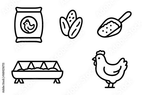 Poultry feeding icons outline set with feed sack, corn kernels, feed scoop, trough feeder, and cartoon chicken illustration for farming and agriculture design