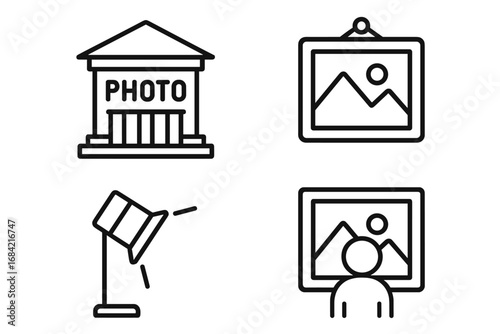 Photo exhibition and art gallery outline icon set. Museum building, framed picture, studio spotlight, and visitor symbols. Photography exposition and artwork concept.