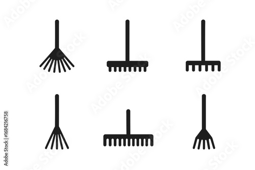 Rake solid glyph icons set. Gardening tools collection. Leaf rake, garden rake, landscape, thatch, bow, shrub rake symbols. Vector silhouette illustration for agriculture.