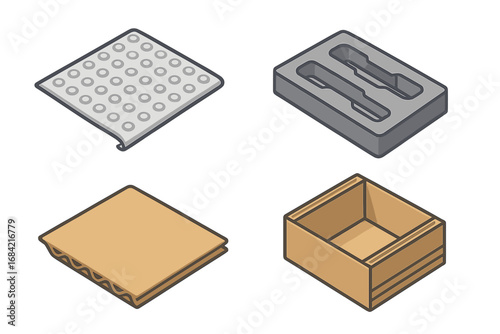 Protective Packaging Icons Set, Isometric Flat Design with Bubble Wrap Sheet, Foam Insert, Corrugated Cardboard, and Cardboard Box, Vector Cartoon Illustration Collection