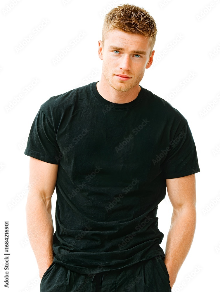 Obraz premium Handsome blond haired man posing confidently with hands in pockets, wea a plain black cotton t-shirt.