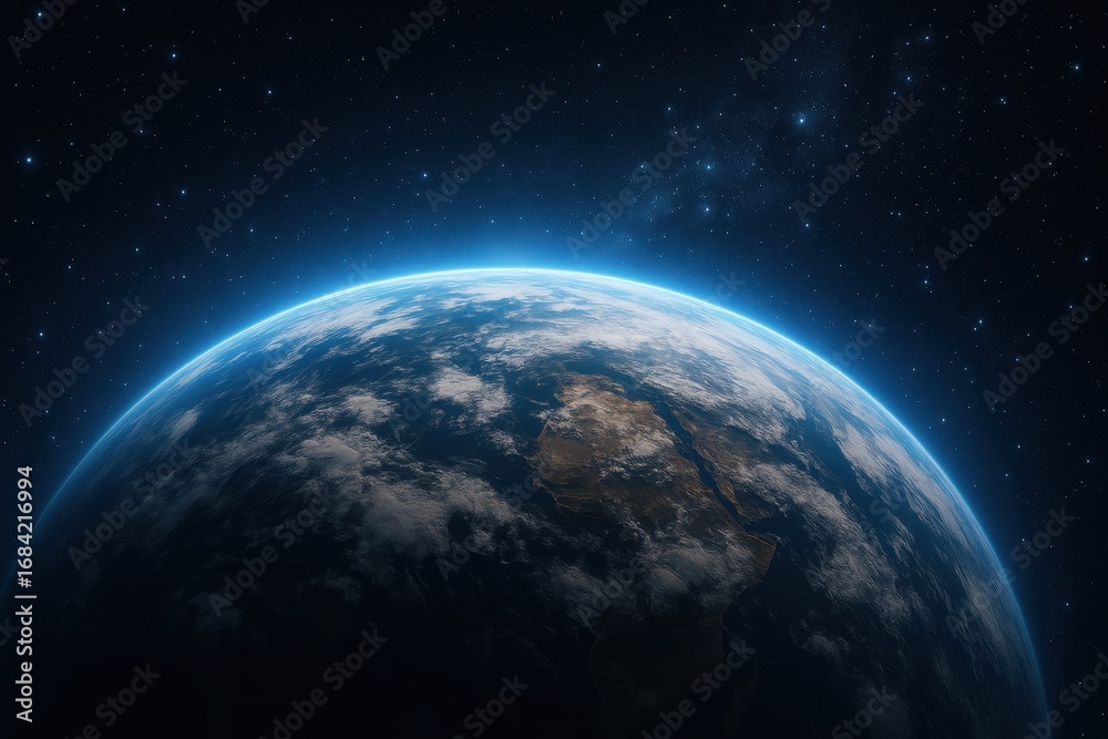 Obraz premium Earth's Embrace: A captivating view of planet Earth from space, showcasing its vibrant atmosphere and the vastness of the cosmos, evoking wonder and a sense of perspective.