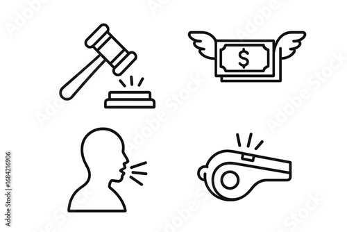 Protest and activism icons set, solid filled advocacy and demonstration symbols, vector cartoon illustration, speech, justice hammer, whistle, flying money, transparent background