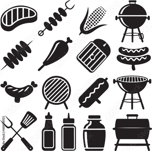 Assortment of barbecue and grilling icons on white background Keywords: steak, skewer, corn on