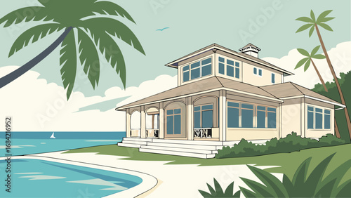 Coastal House Tropical Vacation Ocean View Swimming Pool Palm Trees Summer Home Beach House Illustration Idyllic Scene Seaside Property Real Estate Architecture Design Holiday Home Waterfront Propert.
